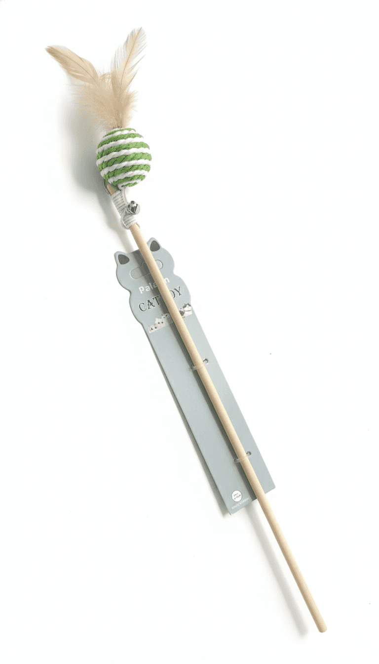 Cat Teaser Stick with Rope Ball, Feather & Sound Effect (15inch)