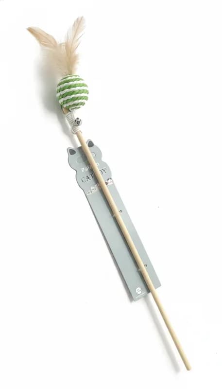 Cat Teaser Stick with Rope Ball, Feather & Sound Effect (15inch)